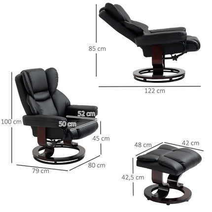 Fauteuil de relaxation avec tabouret, fauteuil TV rotatif inclinable, similicuir, noir