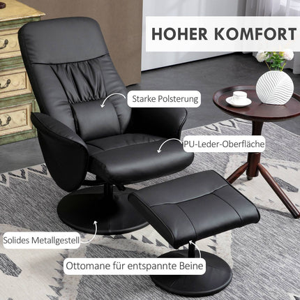 Schwarzer Relax-Drehsessel aus Kunstleder mit Hocker