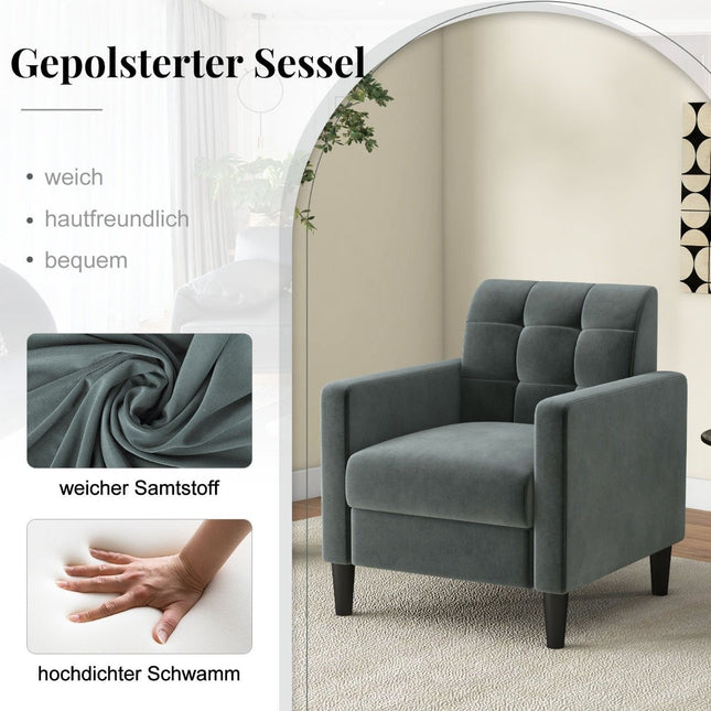 Relaxsessel moderner Fernsehsessel aus Samt im Mid-Century Stil Polstersessel mit getufteter Rückenlehne Grau