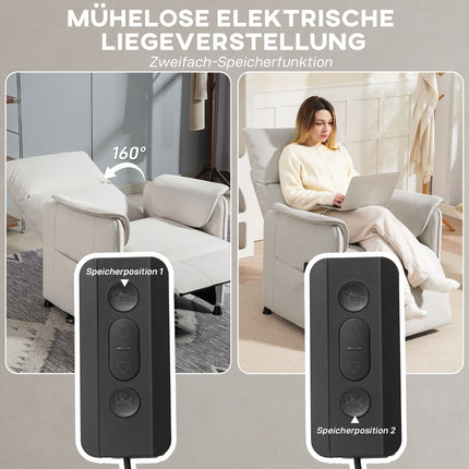 Elektrischer Relaxsessel mit geräuschloser Memory-Funktion, Cremefarbener Samt