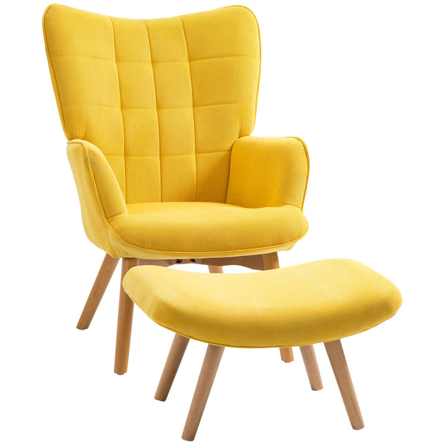 Gelber Corduroy Ohrensessel mit Hocker - Sessel mit Holzbeinen