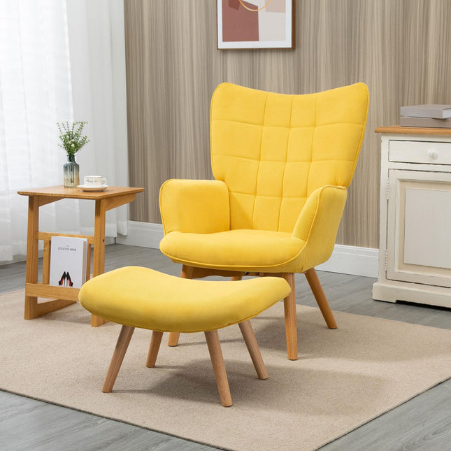 Gelber Corduroy Ohrensessel mit Hocker - Sessel mit Holzbeinen