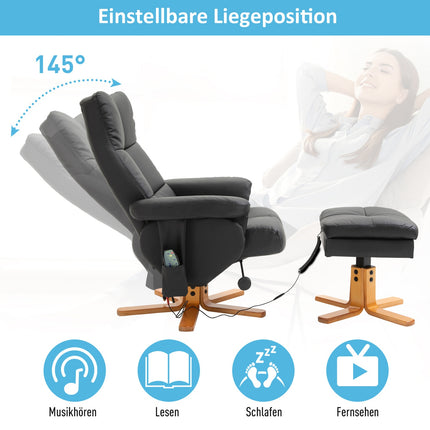 Fauteuil de relaxation, fauteuil de massage avec repose-pieds, fauteuil TV, inclinaison 145°, 10 points de vibration, simili cuir, noir