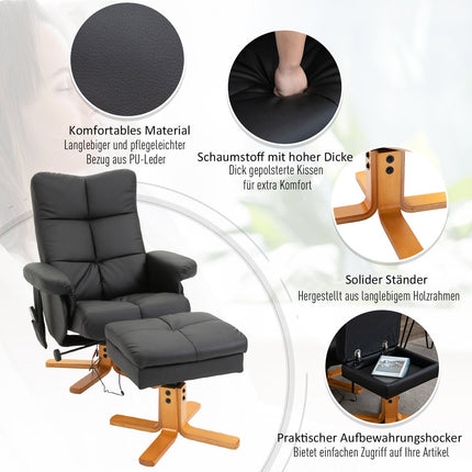 Fauteuil de relaxation, fauteuil de massage avec repose-pieds, fauteuil TV, inclinaison 145°, 10 points de vibration, simili cuir, noir