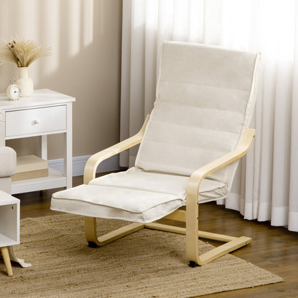 Relaxstoel, schommelstoel, relaxfauteuil, relaxstoel met verstelbare voetsteun, eetkamerstoel met linnenlook voor woonkamer, berkenhout, crèmewit 66,5 x 94 x 100cm