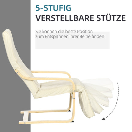 Relaxstoel, schommelstoel, relaxfauteuil, relaxstoel met verstelbare voetsteun, eetkamerstoel met linnenlook voor woonkamer, berkenhout, crèmewit 66,5 x 94 x 100cm