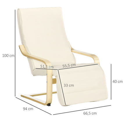 Relaxstoel, schommelstoel, relaxfauteuil, relaxstoel met verstelbare voetsteun, eetkamerstoel met linnenlook voor woonkamer, berkenhout, crèmewit 66,5 x 94 x 100cm