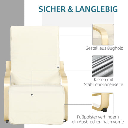 Relaxstoel, schommelstoel, relaxfauteuil, relaxstoel met verstelbare voetsteun, eetkamerstoel met linnenlook voor woonkamer, berkenhout, crèmewit 66,5 x 94 x 100cm