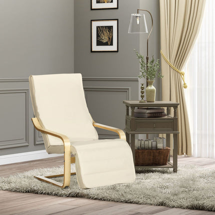 Relaxstoel, schommelstoel, relaxfauteuil, relaxstoel met verstelbare voetsteun, eetkamerstoel met linnenlook voor woonkamer, berkenhout, crèmewit 66,5 x 94 x 100cm