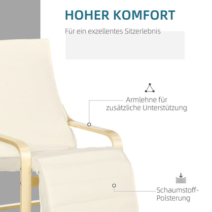 Relaxstoel, schommelstoel, relaxfauteuil, relaxstoel met verstelbare voetsteun, eetkamerstoel met linnenlook voor woonkamer, berkenhout, crèmewit 66,5 x 94 x 100cm