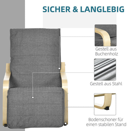 Verstellbarer Liegesessel, Birkenholz, graue Leinenoptik
