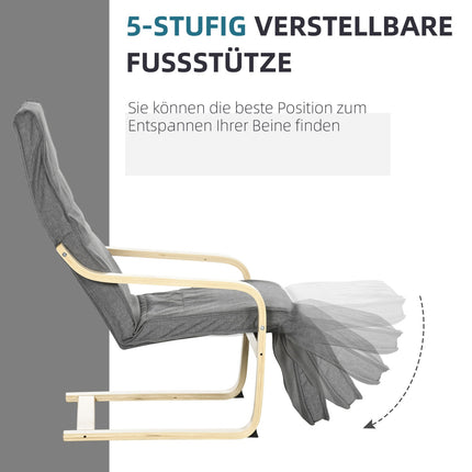 Verstellbarer Liegesessel, Birkenholz, graue Leinenoptik