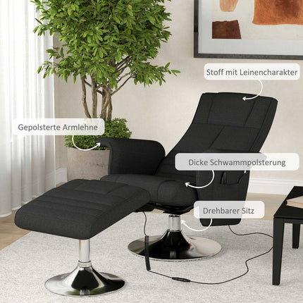 Drehbarer Relax-Massagesessel mit Hocker, schwarzes Leinen