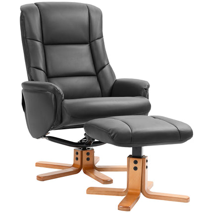 Fauteuil de relaxation avec tabouret, rotatif à 360°, inclinable à 130°, avec fonction inclinable, dossier haut, structure en bois, simili cuir, 76x85x104cm, noir