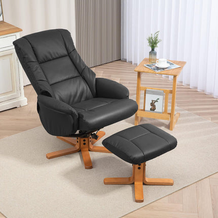 Fauteuil de relaxation avec tabouret, rotatif à 360°, inclinable à 130°, avec fonction inclinable, dossier haut, structure en bois, simili cuir, 76x85x104cm, noir