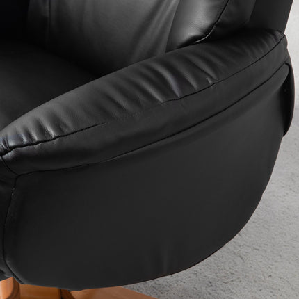 Fauteuil de relaxation avec tabouret, rotatif à 360°, inclinable à 130°, avec fonction inclinable, dossier haut, structure en bois, simili cuir, 76x85x104cm, noir