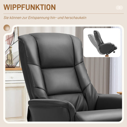 Fauteuil de relaxation avec tabouret, rotatif à 360°, inclinable à 130°, avec fonction inclinable, dossier haut, structure en bois, simili cuir, 76x85x104cm, noir