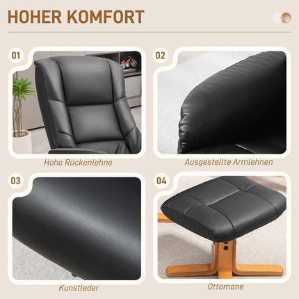 Fauteuil de relaxation avec tabouret, rotatif à 360°, inclinable à 130°, avec fonction inclinable, dossier haut, structure en bois, simili cuir, 76x85x104cm, noir
