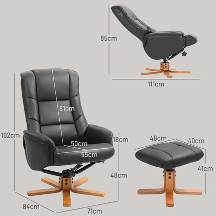 Fauteuil de relaxation avec tabouret, rotatif à 360°, inclinable à 130°, avec fonction inclinable, dossier haut, structure en bois, simili cuir, 76x85x104cm, noir