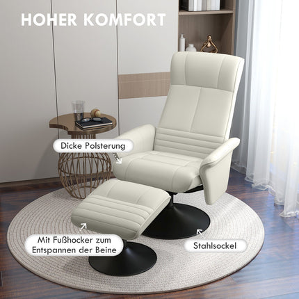 Fauteuil de relaxation avec tabouret Fauteuil TV rotatif avec fonction inclinable, fauteuil TV pouvant supporter jusqu'à 150 kg, fauteuil inclinable pour salon, chambre, chiffon en microfibre, blanc crème