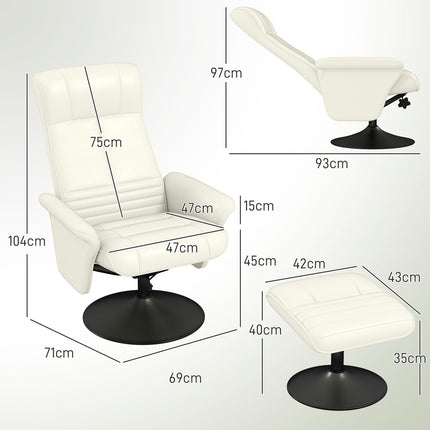 Fauteuil de relaxation avec tabouret Fauteuil TV rotatif avec fonction inclinable, fauteuil TV pouvant supporter jusqu'à 150 kg, fauteuil inclinable pour salon, chambre, chiffon en microfibre, blanc crème