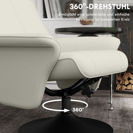 Fauteuil de relaxation avec tabouret Fauteuil TV rotatif avec fonction inclinable, fauteuil TV pouvant supporter jusqu'à 150 kg, fauteuil inclinable pour salon, chambre, chiffon en microfibre, blanc crème