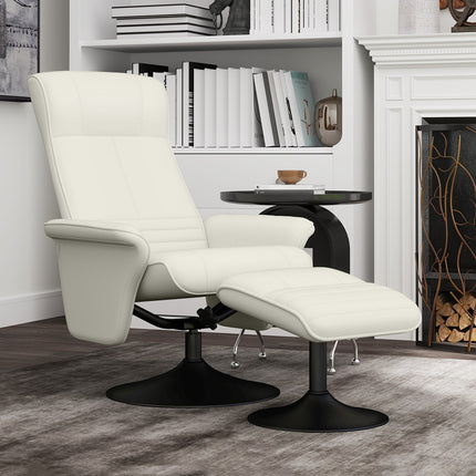 Fauteuil de relaxation avec tabouret Fauteuil TV rotatif avec fonction inclinable, fauteuil TV pouvant supporter jusqu'à 150 kg, fauteuil inclinable pour salon, chambre, chiffon en microfibre, blanc crème