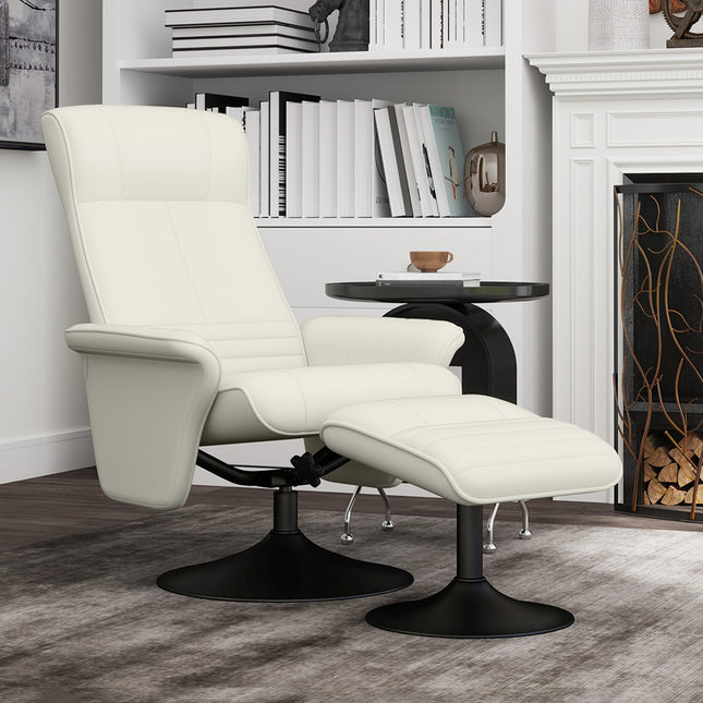 Fauteuil de relaxation avec tabouret Fauteuil TV rotatif avec fonction inclinable, fauteuil TV pouvant supporter jusqu'à 150 kg, fauteuil inclinable pour salon, chambre, chiffon en microfibre, blanc crème