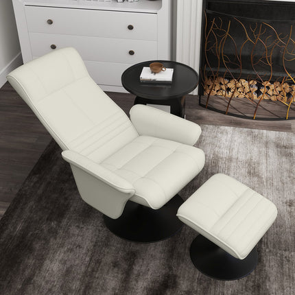 Fauteuil de relaxation avec tabouret Fauteuil TV rotatif avec fonction inclinable, fauteuil TV pouvant supporter jusqu'à 150 kg, fauteuil inclinable pour salon, chambre, chiffon en microfibre, blanc crème