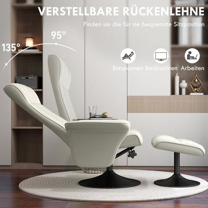 Fauteuil de relaxation avec tabouret Fauteuil TV rotatif avec fonction inclinable, fauteuil TV pouvant supporter jusqu'à 150 kg, fauteuil inclinable pour salon, chambre, chiffon en microfibre, blanc crème