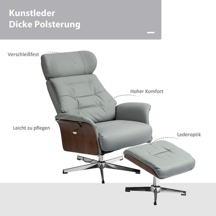 Liege mit Hocker, verstellbarer Kopfstütze, hellgrauem Kunstleder