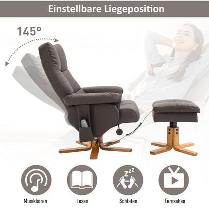 Brauner Relaxsessel aus Kunstleder mit Massagefunktion und Hocker