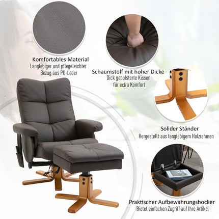 Brauner Relaxsessel aus Kunstleder mit Massagefunktion und Hocker