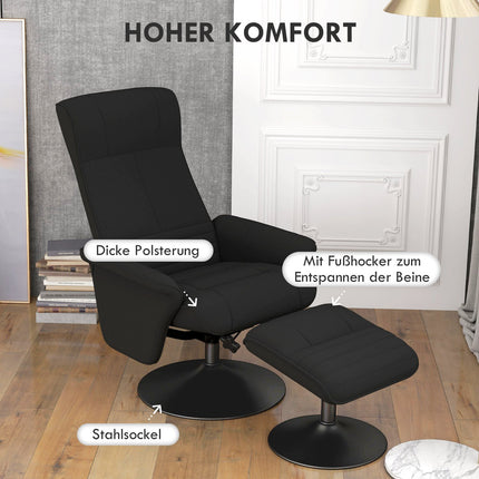 Schwarzer Loungesessel aus Mikrofaser mit Hocker, 150 kg Tragkraft