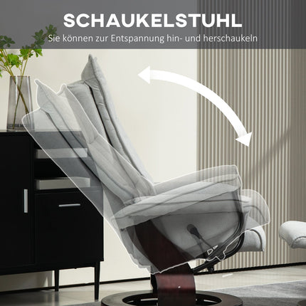 Grauer Samt-Liegesessel mit Ottomane, drehbarer Schaukelstuhl