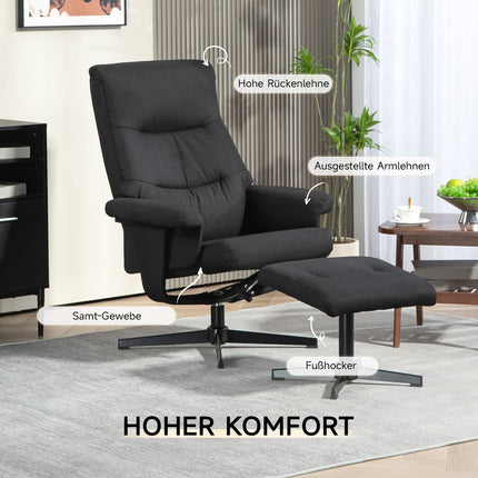 Lounger with footrest, velvet upholstery, black