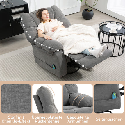 Entspannender Massagesessel mit Relaxfunktion, drehbar, 4 Seitentaschen und Fernbedienung, dunkelgrau