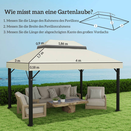 Vervangend dak voor tuinpaviljoen 3 x 4 m, waterdicht 370 g/㎡ beschermhoes met dubbel dak, regenhoes, vervangende hoes, UPF30+, voor tuin, feest, terras, crèmewit