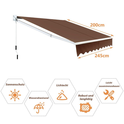 Retractable Awning 2.5x2m, UV & Water Resistant, Brown