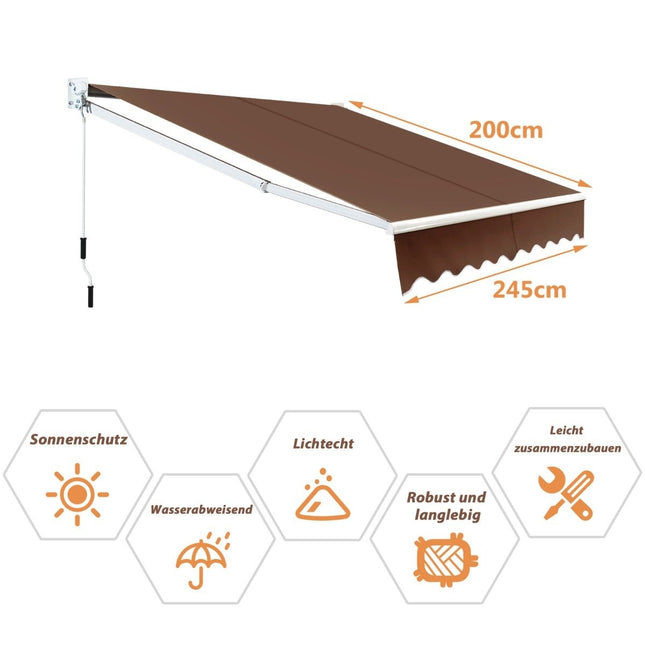 Zatahovací markýza 2,5x2 m, odolná vůči UV a vodě, hnědá
