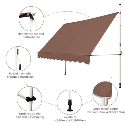 Gelenkarmmarkise 300cm, ohne Bohren, UV-beständig, Braun