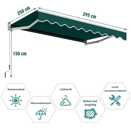 Zatahovací markýza, 3x2,5 m, odolná vůči UV a vodě, zelená