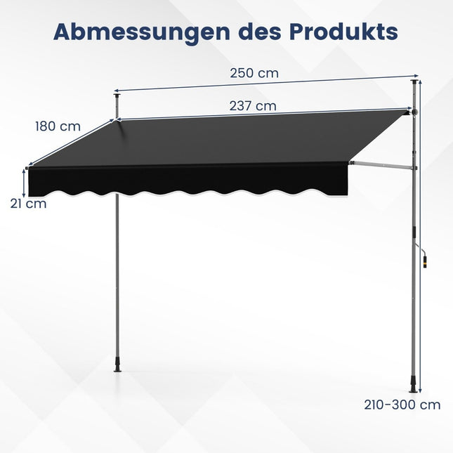 Gelenkarmmarkise, ohne Bohren, höhenverstellbar, 250cm, Schwarz