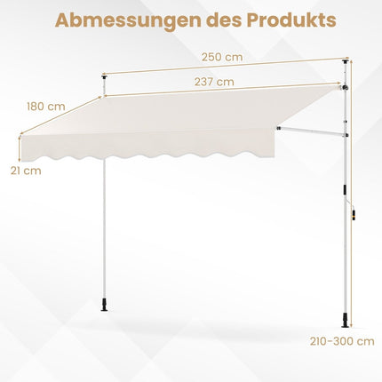 Ausfahrbare Markise, ohne Bohren, höhenverstellbar, 250 cm, Weiß