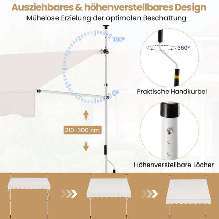 Ausfahrbare Markise, ohne Bohren, höhenverstellbar, 250 cm, Weiß