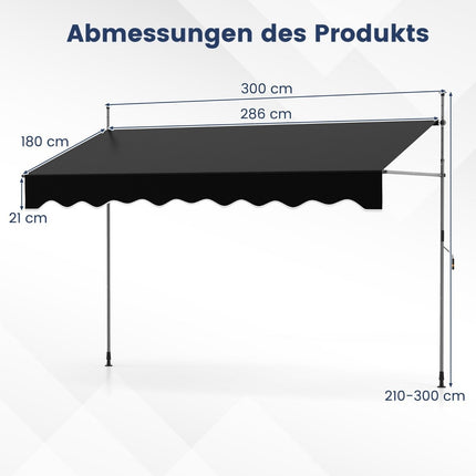 Retractable Awning, No-Drill, Adjustable Height, 300cm, Black
