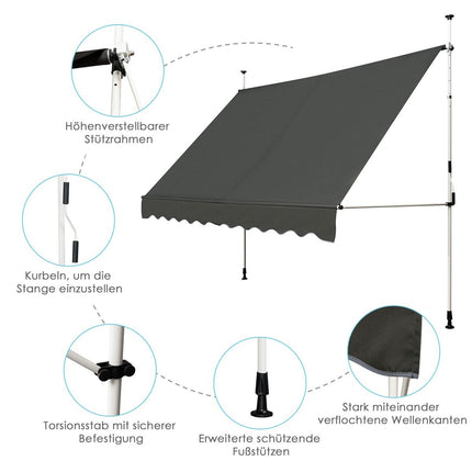Retractable Awning, UV-Resistant, Adjustable, 300x120 cm, Gray