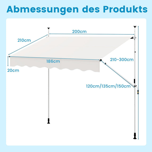 Ausfahrbare Balkonmarkise, 200cm, ohne Bohren, UV-beständig