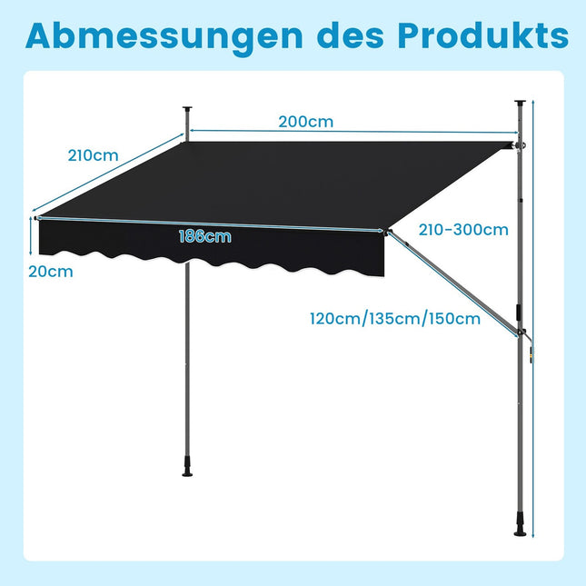 Ausfahrbare Balkonmarkise, 200cm, ohne Bohren, UV-beständig