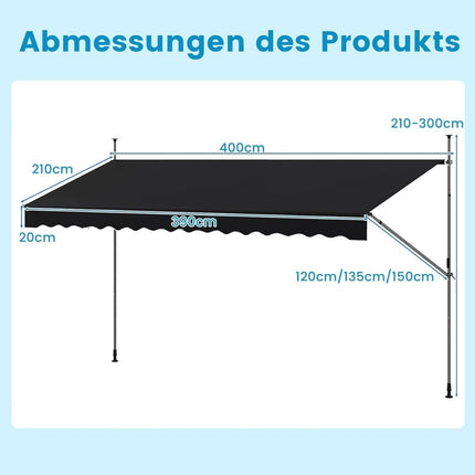Retractable Balcony Awning, No-Drill, Adjustable Height, Black